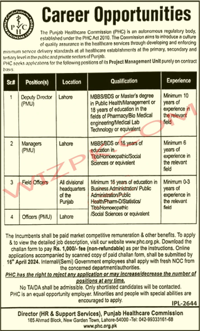 Punjab Healthcare Commission PHC Jobs April 2024