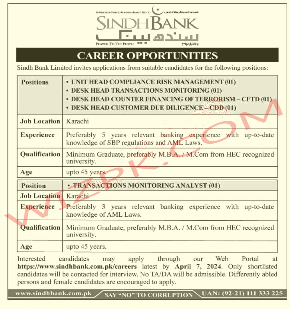 Sindh Bank Jobs in Karachi April 2024